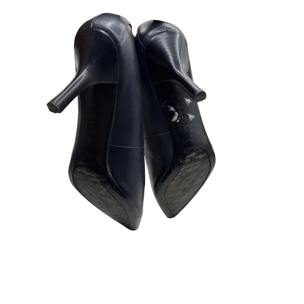 Calvin Klein Size 10 Dolly Style Black Pointed-Toe Stylist Leather Heels